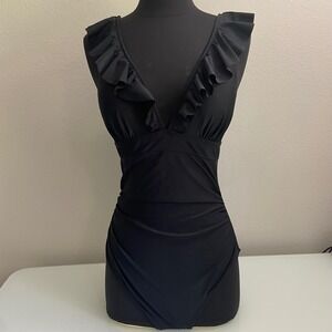 Cupshe Black Ruffle One Piece Tie Back Swimsuit Tummy Control Size‎ Medium NEW